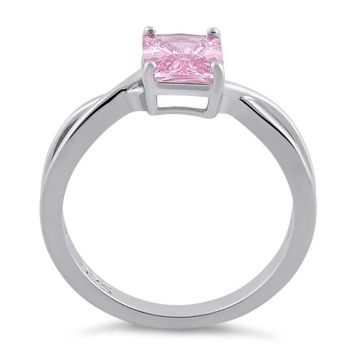 Sterling Silver Twist Emerald Cut Pink CZ Ring