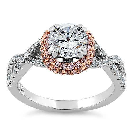 Sterling Silver Twisted Two Tone Rose Gold Plated Clear CZ Ring