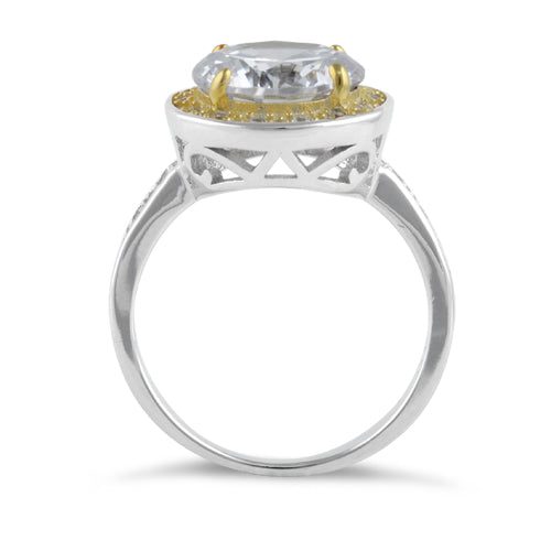 Sterling Silver Two Tone Clear Round Cut Halo CZ Ring