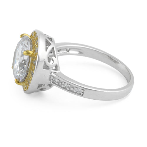Sterling Silver Two Tone Clear Round Cut Halo CZ Ring