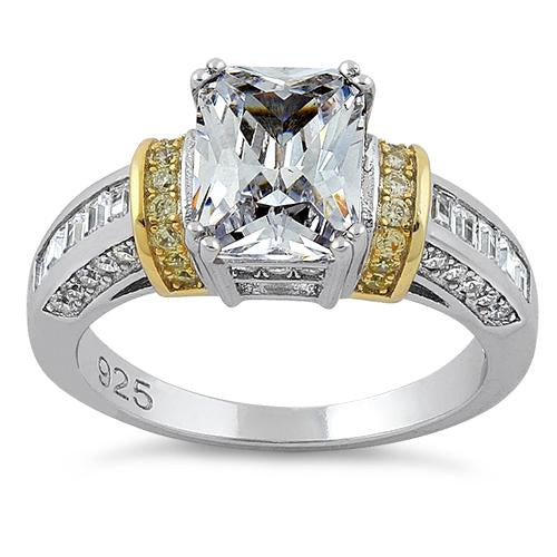 Sterling Silver Two Tone Gold Plated Emerald Cut Yellow & Clear CZ Ring