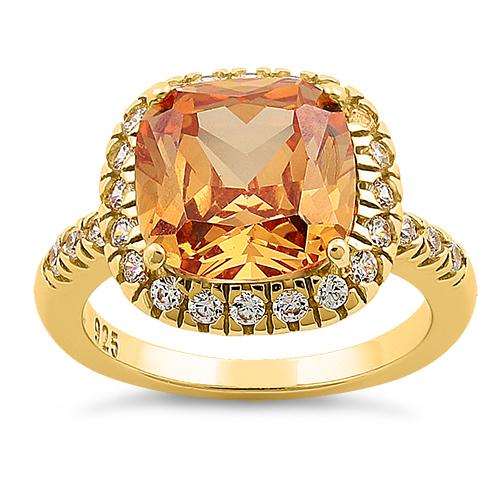 Sterling Silver Gold-Plated Halo Cushion-Cut Champagne CZ Ring