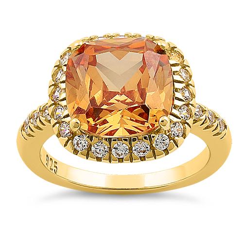 Sterling Silver Two Tone Gold Plated Halo Princess Cut Champagne CZ Ring