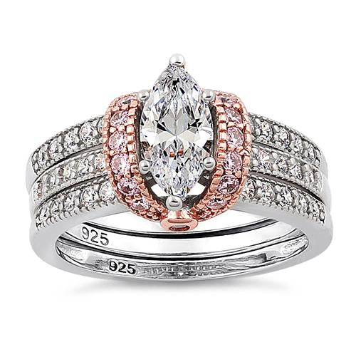 Sterling Silver Two-tone Rose Gold Plated Clear Marquise CZ Set Ring