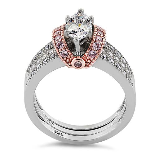 Sterling Silver Two-tone Rose Gold Plated Clear Marquise CZ Set Ring