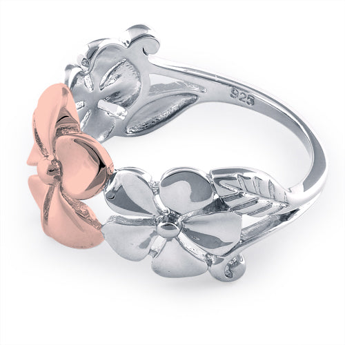 Sterling Silver Two Tone Rose Gold Plated Triple Plumeria Ring