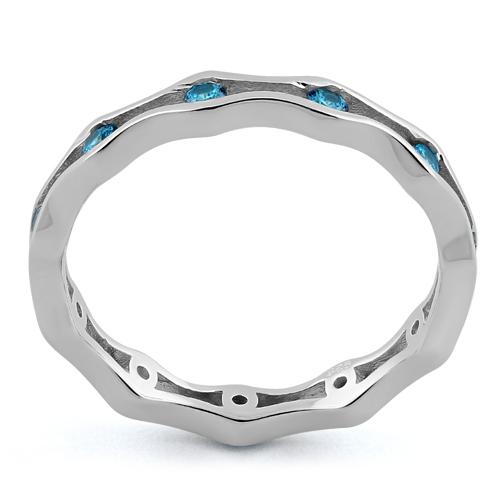 Sterling Silver Wavy Eternity Aqua Blue CZ Ring