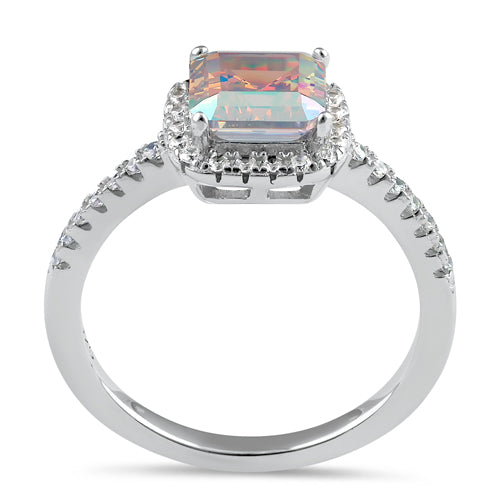 Sterling Silver Halo Iridescent Rainbow CZ Ring