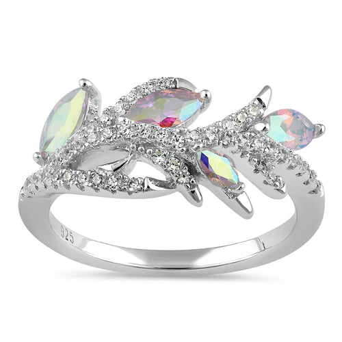 Sterling Silver Vines Iridescent Rainbow CZ Ring
