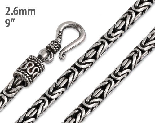 Sterling Silver 9" Round Byzantine Chain Necklace - 2.6MM