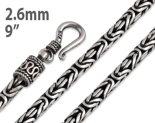 Sterling Silver 9" Round Byzantine Chain Necklace - 2.6MM