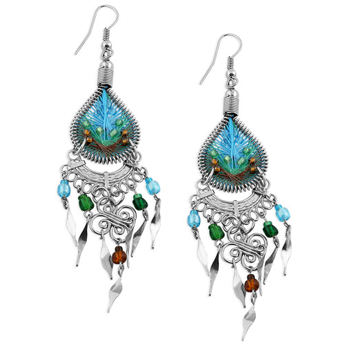 Stainless Steel Peruvian Blue, Green, Brown Silk Thread Beaded Dangle Earrings