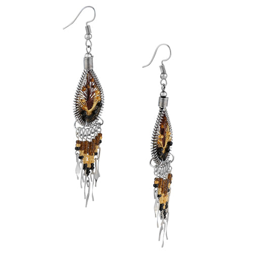 Stainless Steel Peruvian Brown Silk Thread Beaded Dangle Earrings