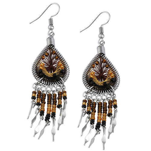 Stainless Steel Peruvian Brown Silk Thread Beaded Dangle Earrings