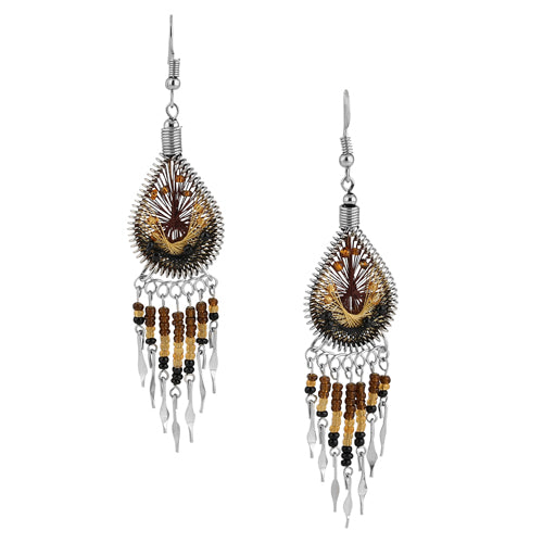 Stainless Steel Peruvian Brown Silk Thread Beaded Dangle Earrings