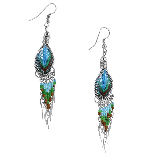 Stainless Steel Peruvian Turquoise Green Silk Thread Beaded Dangle Earrings