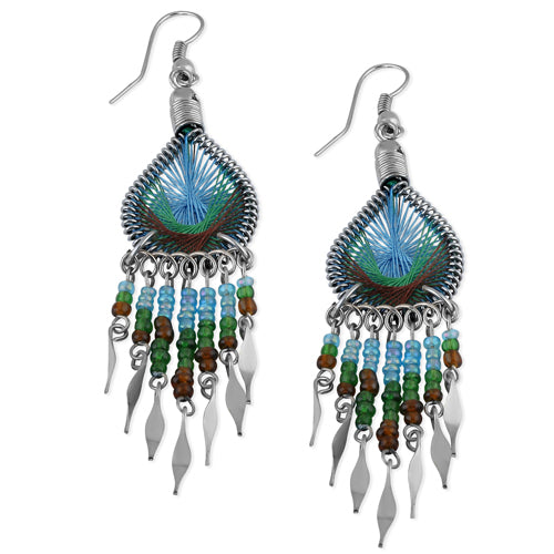 Stainless Steel Peruvian Turquoise Green Silk Thread Beaded Dangle Earrings