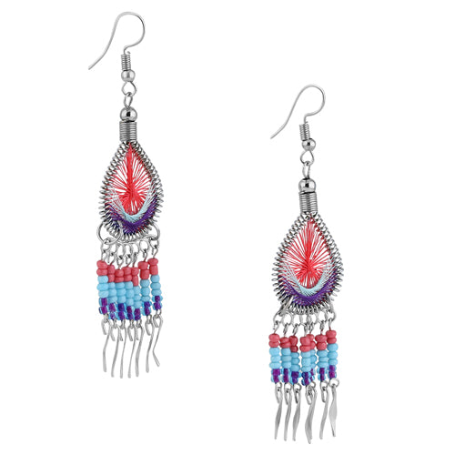 Stainless Steel Peruvian Multi-Color Silk Thread Beaded Dangle Earrings