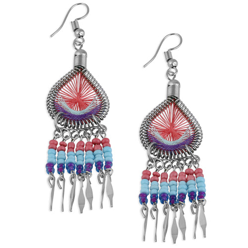 Stainless Steel Peruvian Multi-Color Silk Thread Beaded Dangle Earrings