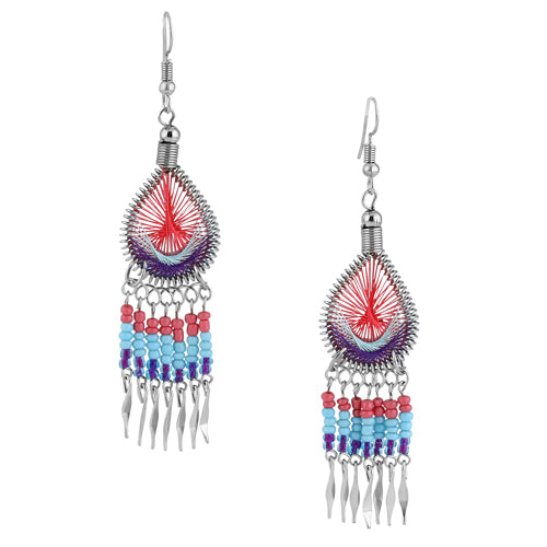 Stainless Steel Peruvian Multi-Color Silk Thread Beaded Dangle Earrings