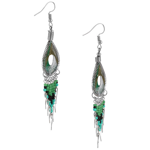 Stainless Steel Peruvian Forest Green & Silver Silk Thread Beaded Dangle Earrings