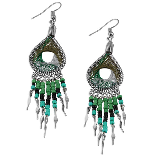 Stainless Steel Peruvian Forest Green & Silver Silk Thread Beaded Dangle Earrings