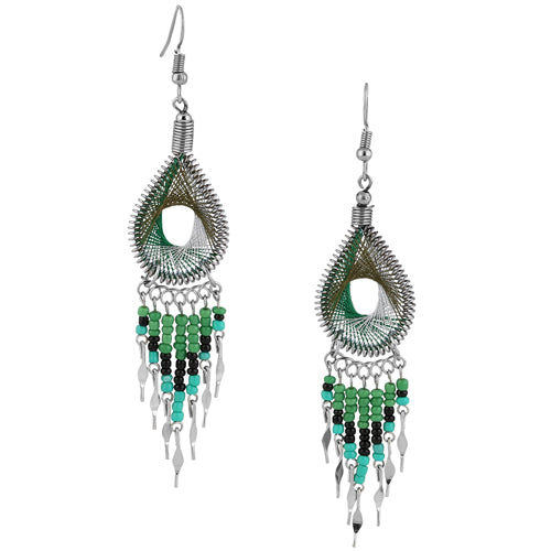 Stainless Steel Peruvian Forest Green & Silver Silk Thread Beaded Dangle Earrings