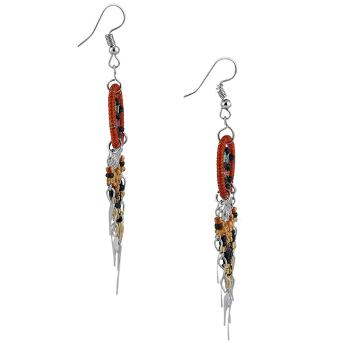 Stainless Steel Dream Catcher Brown Beaded Dangle Earrings