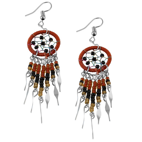 Stainless Steel Dream Catcher Brown Beaded Dangle Earrings