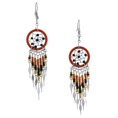 Stainless Steel Dream Catcher Brown Beaded Dangle Earrings