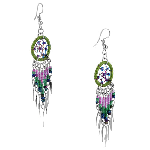 Stainless Steel Dream Catcher Turquoise & Green Beaded Dangle Earrings