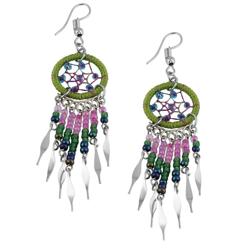Stainless Steel Dream Catcher Turquoise & Green Beaded Dangle Earrings