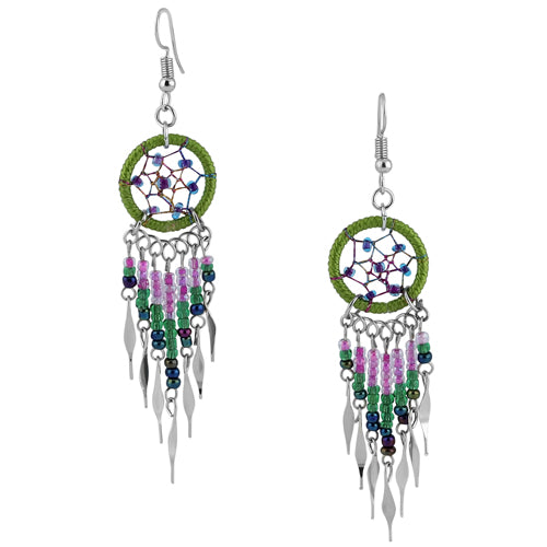 Stainless Steel Dream Catcher Turquoise & Green Beaded Dangle Earrings