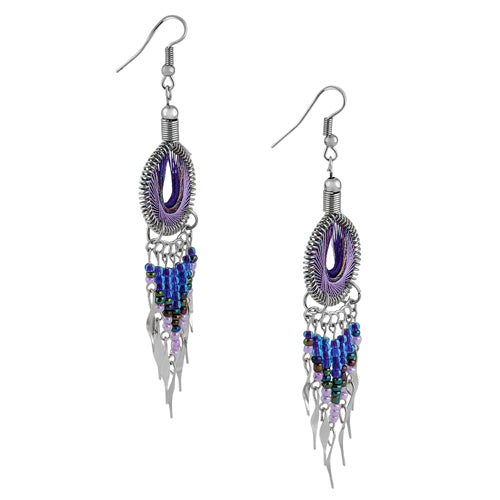 Stainless Steel Peruvian Purple Silk Thread Beaded Dangle Earrings