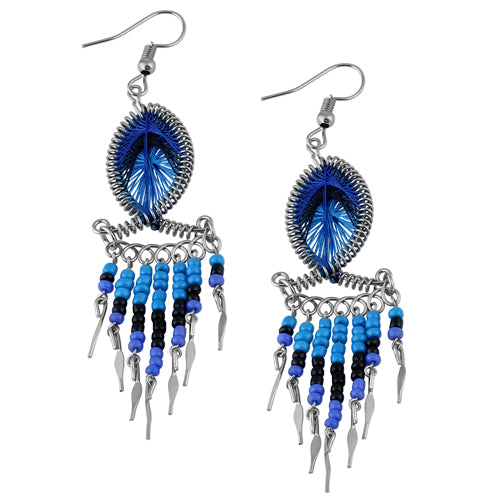 Stainless Steel Peruvian Pink & Blue Silk Thread Beaded Fish Dangle Earrings