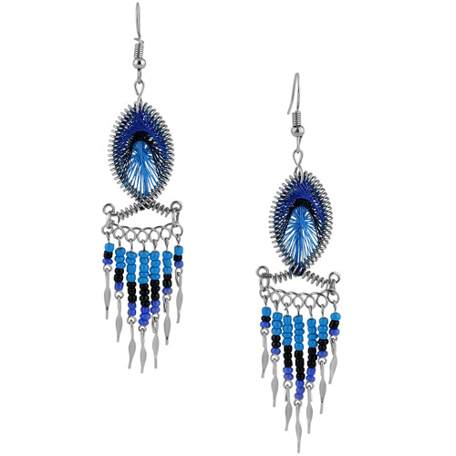Stainless Steel Peruvian Pink & Blue Silk Thread Beaded Fish Dangle Earrings