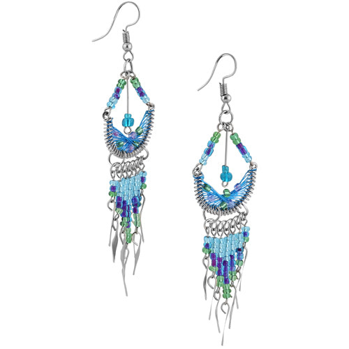 Stainless Steel Peruvian Blue Silk Thread Beaded Crescent Dangle Earrings