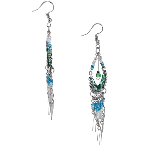 Stainless Steel Peruvian Light Green Silk Thread Beaded Dangle Earrings