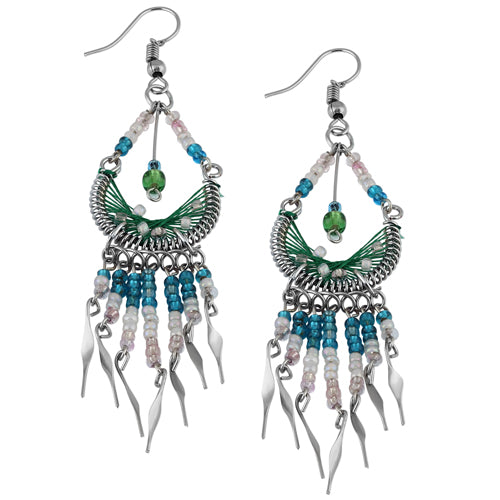 Stainless Steel Peruvian Light Green Silk Thread Beaded Dangle Earrings