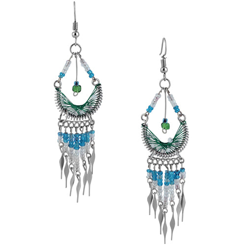 Stainless Steel Peruvian Light Green Silk Thread Beaded Dangle Earrings