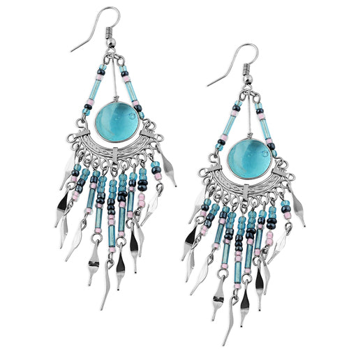 Stainless Steel Aqua Round Murano Glass Peruvian Earrings