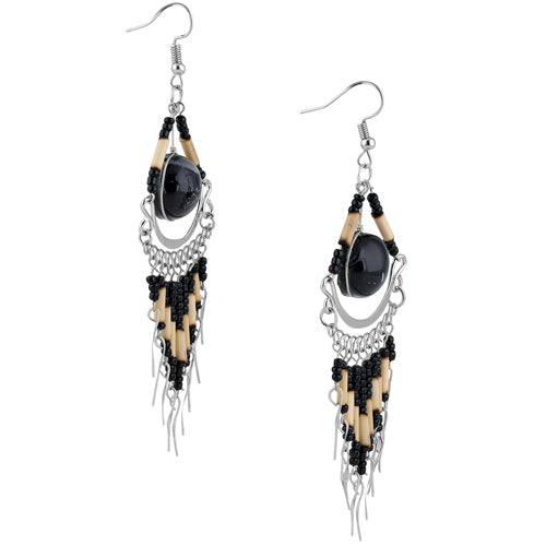 Stainless Steel Black Round Murano Glass Peruvian Earrings