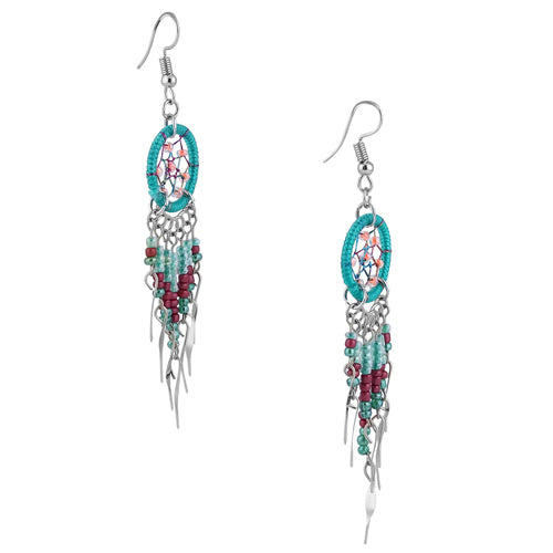 Stainless Steel Dreamcatcher Dark Green Beaded Dangle Earrings