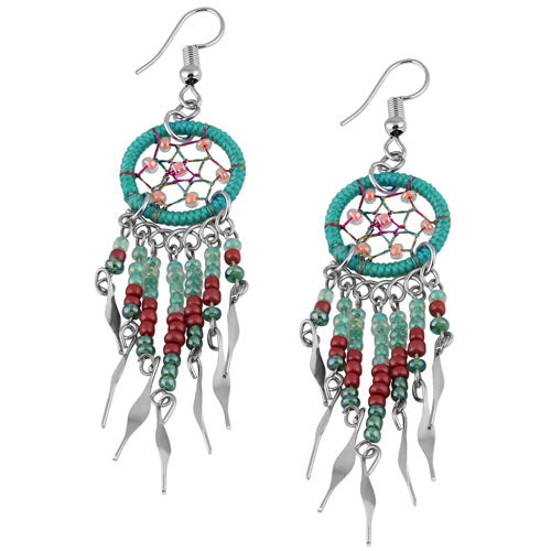 Stainless Steel Dreamcatcher Dark Green Beaded Dangle Earrings