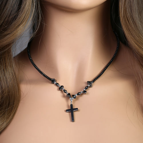 18" Black Cross Hematite Necklace