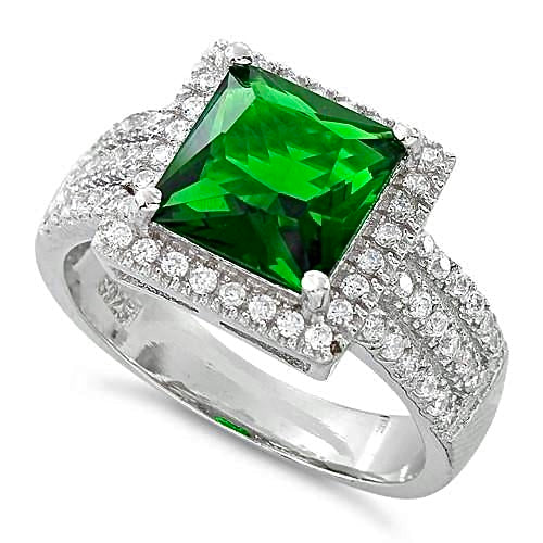 Sterling Silver Emerald Princess Cut CZ Ring