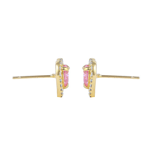 Solid 14K Gold Pink Heart Halo CZ Earrings