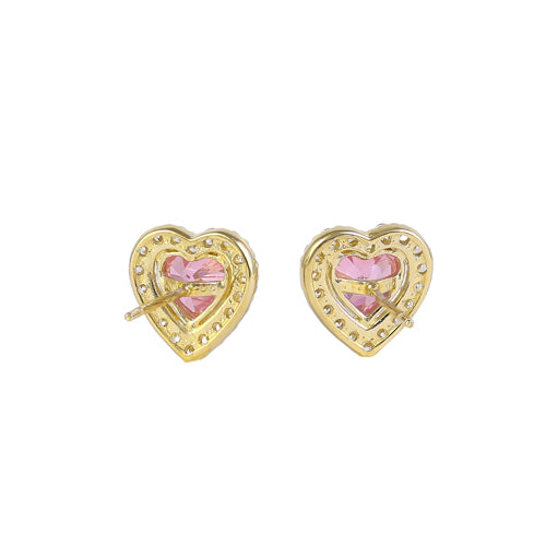 Solid 14K Gold Pink Heart Halo CZ Earrings