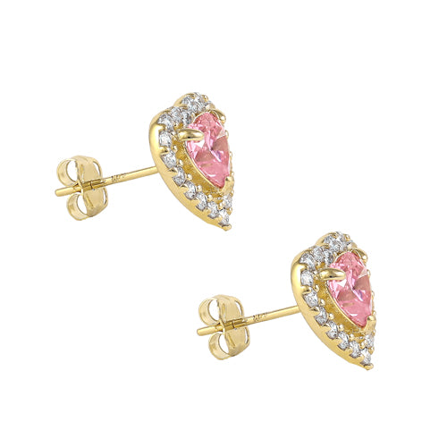 Solid 14K Gold Pink Heart Halo CZ Earrings