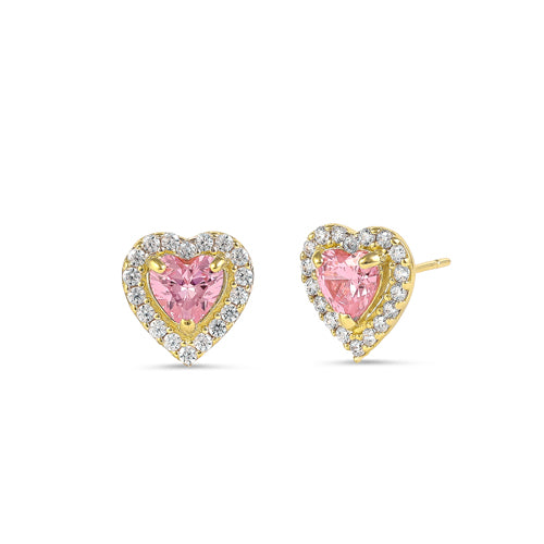 Solid 14K Gold Pink Heart Halo CZ Earrings
